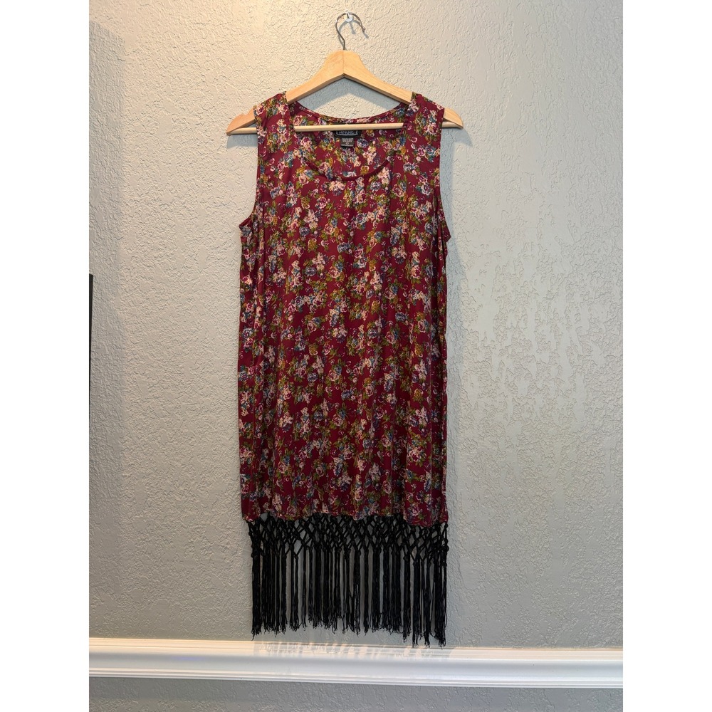 Angie Floral Sleeveless Mini Dress Black Macrame Fringe Hem Burgundy Large